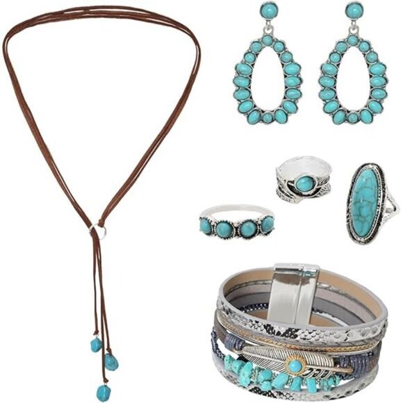 6 Pcs Western Jewelry for Women Boho Set Bohemian Turquoise Jewelry Set - Picture 7 of 7
